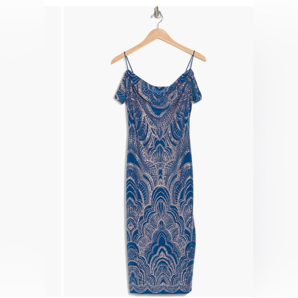Jump Elegant Blue Midi Dress with Sparkling Silver Accents